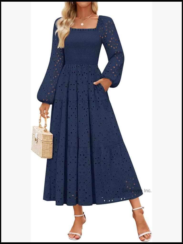 Long Sleeve Maxi Dress Square Neck Smocked A Line Pockets Party Dress